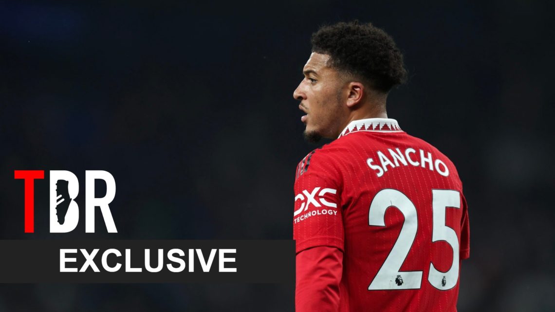Image of Jadon Sancho looking on during a Manchester United game, overlaid a TBR Exclusive banner