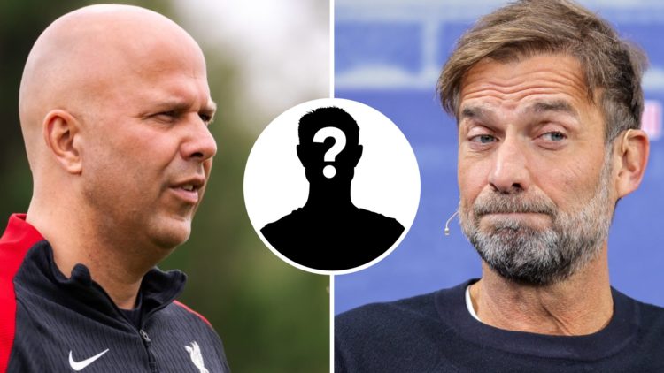 Arne Slot looks on (left) and Jurgen Klopp looks confused (right) with mystery player inset in the middle