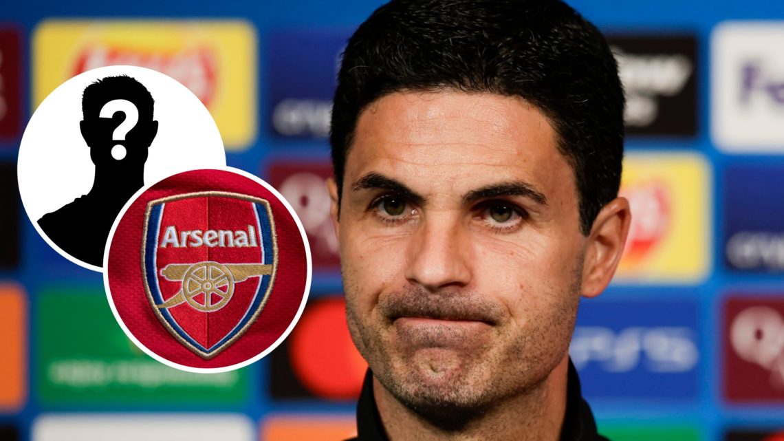 Arsenal manager Mikel Arteta during a press conference. The Arsenal Club Crest.