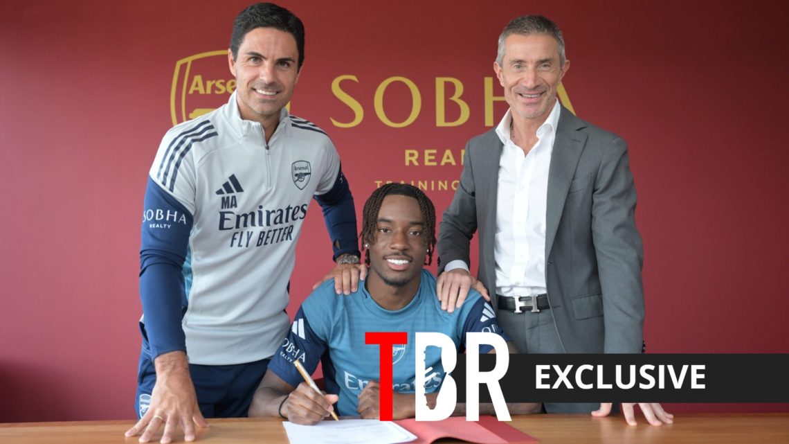 Arsenal manager Mikel Arteta alongside new signing Noni Madueke and sporting director Andrea Berta