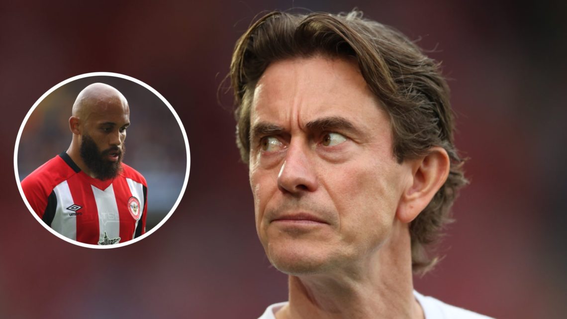 Split image of (L) Thomas Frank and (R) Bryan Mbeumo both looking on during a Brentford game