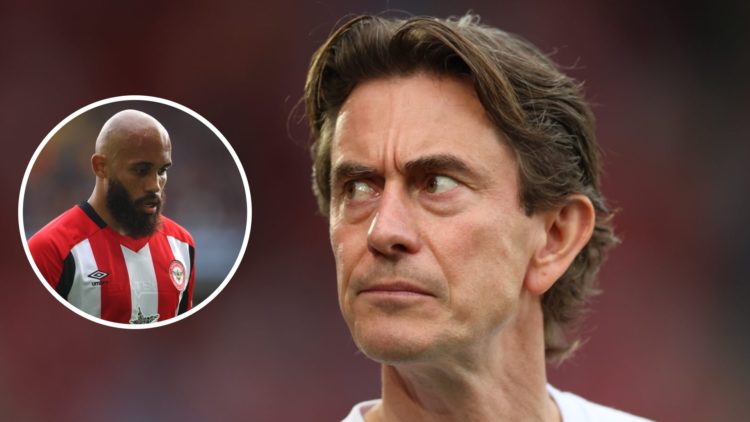 Split image of (L) Thomas Frank and (R) Bryan Mbeumo both looking on during a Brentford game