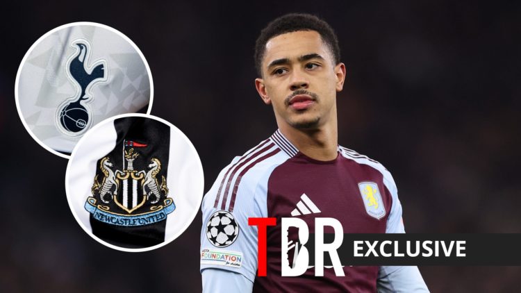 Aston Villa midfielder Jacob Ramsey with insets of Tottenham and Newcastle badges