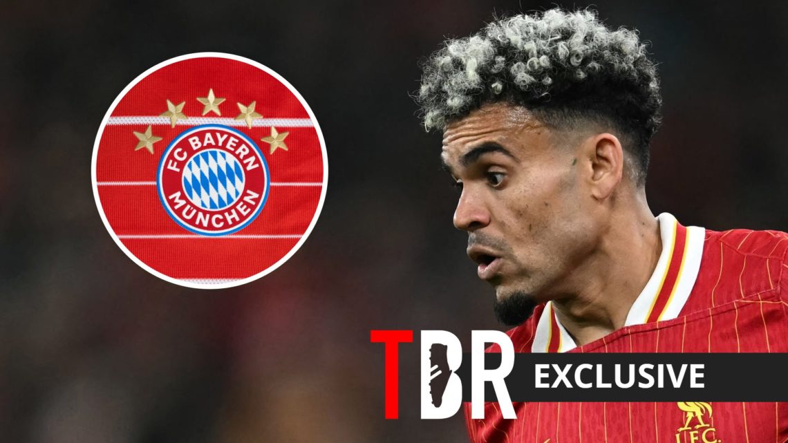 Liverpool winger Luis Diaz with inset of Bayern Munich badge