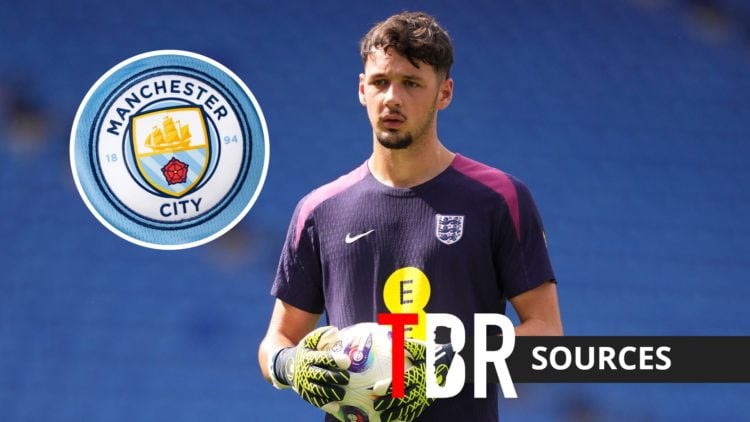 Burnley goalkeeper James Trafford with inset of Manchester City badge