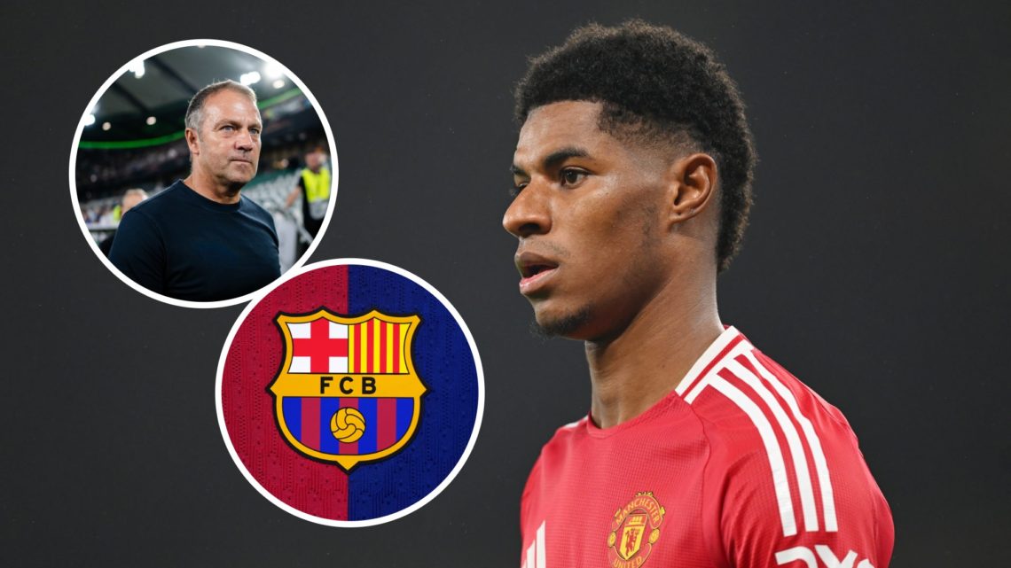 Manchester United forward Marcus Rashford with inset of Barcelona badge and Hansi Flick