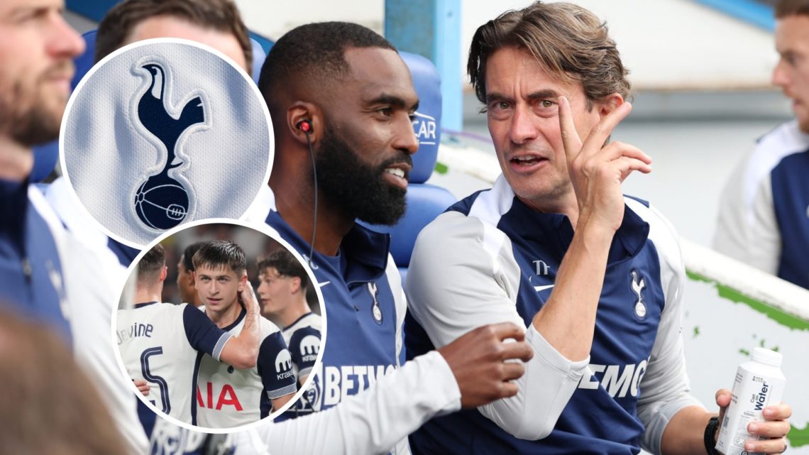 Tottenham Hotspur manager Thomas Frank during game against Reading. Inset of Spurs badge and Mikey Moore.