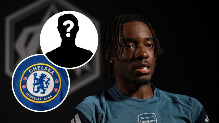 Arsenal forward Noni Madueke with inset of Chelsea badge