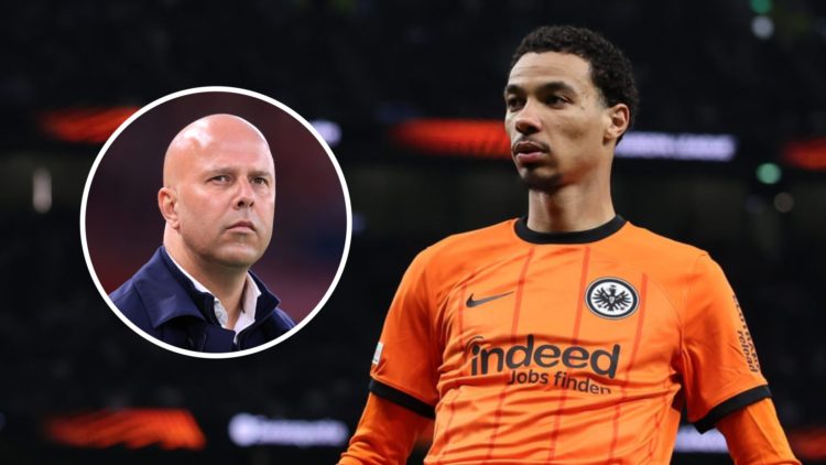 Hugo Ekitike playing for Eintracht Frankfurt alongside Liverpool manager Arne Slot.