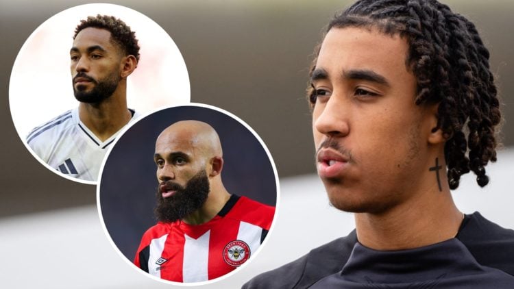 Leny Yoro of Manchester United looks to the right (right), two overlays of Matheus Cunha and Bryan Mbeumo looking on (left)