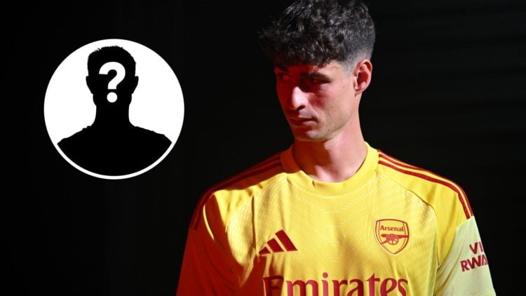 New Arsenal goalkeeper Kepa Arrizabalaga with inset of mystery silhouette