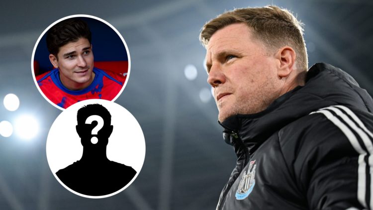 Newcastle United manager Eddie Howe manager ahead of Premier League match. Inset of Atletico Madrid's Julian Alvarez and a mystery player.