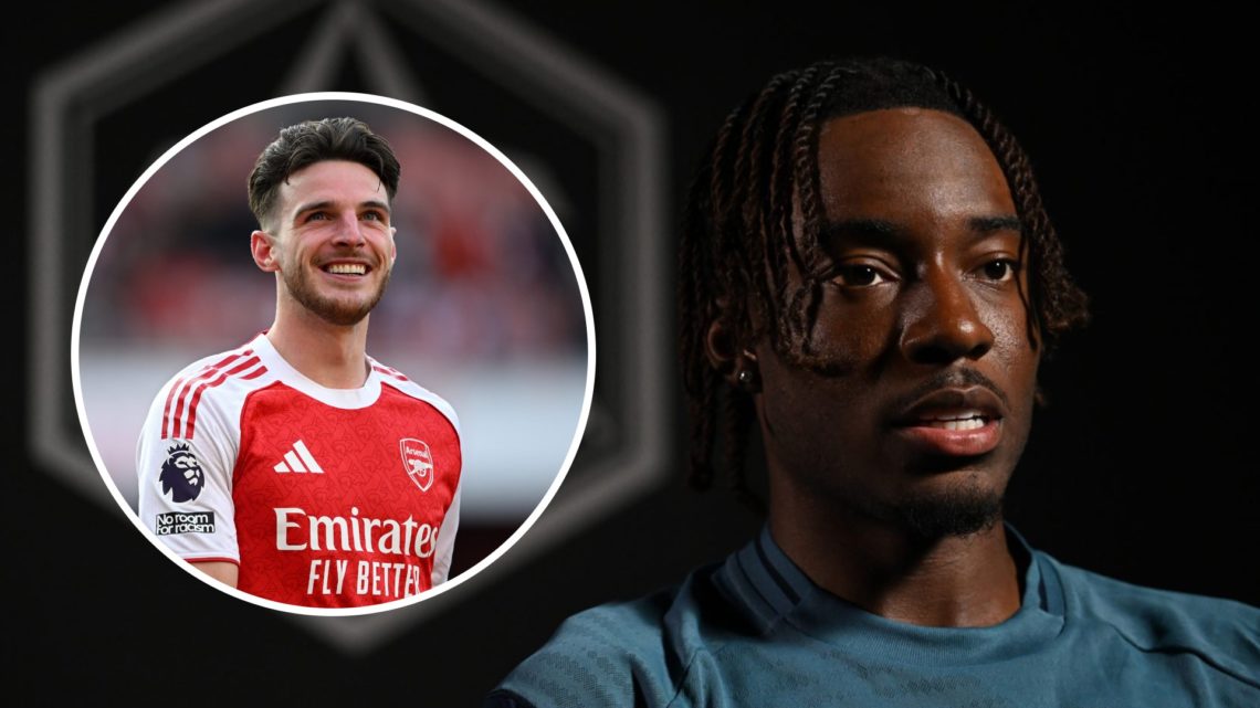 Noni Madueke during his Arsenal unveiling with an inset of Declan Rice.