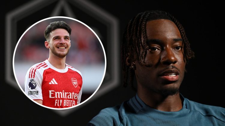 Noni Madueke during his Arsenal unveiling with an inset of Declan Rice.