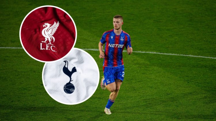 Adam Wharton during the Premier League clash between Crystal Palace and Nottingham Forest, Liverpool badge and Tottenham badge inset