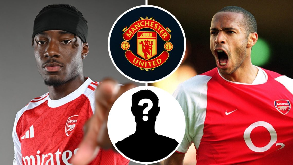 Noni Madueke of Arsenal (left) points at camera, Thierry Henry celebrates (right) a Manchester United badge overlay and a mystery player inset (mid...