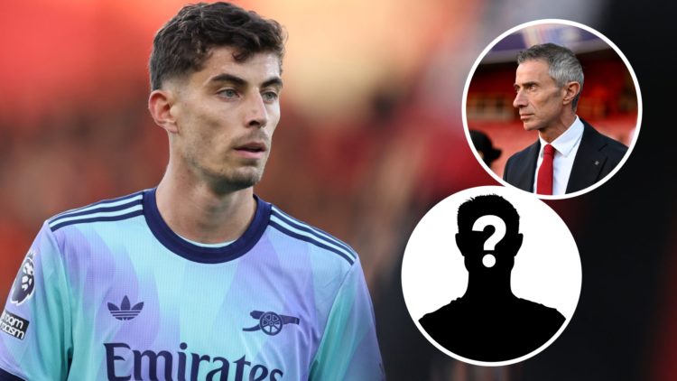 Kai Havertz looks on during an Arsenal match alongside sporting director Andrea Berta.