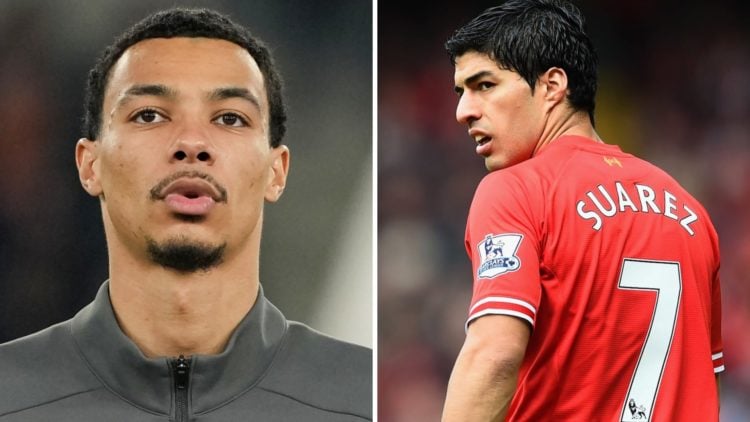 Hugo Ekitike of Frankfurt looks on (left) and Luis Suarez of Liverpool looks to the left (right)