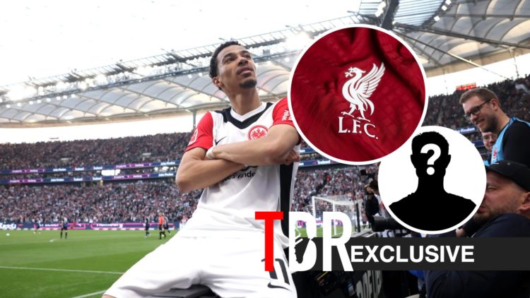 Hugo Ekitike celebrates a goal for Eintracht Frankfurt, Liverpool badge, mystery figure, TBR logo and exclusive tag inset