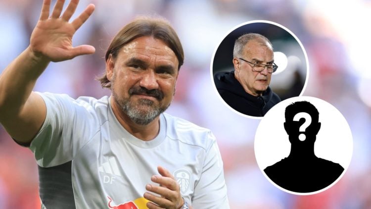Daniel Farke waves at Leeds fans alongside an inset of former boss Marcelo Bielsa.