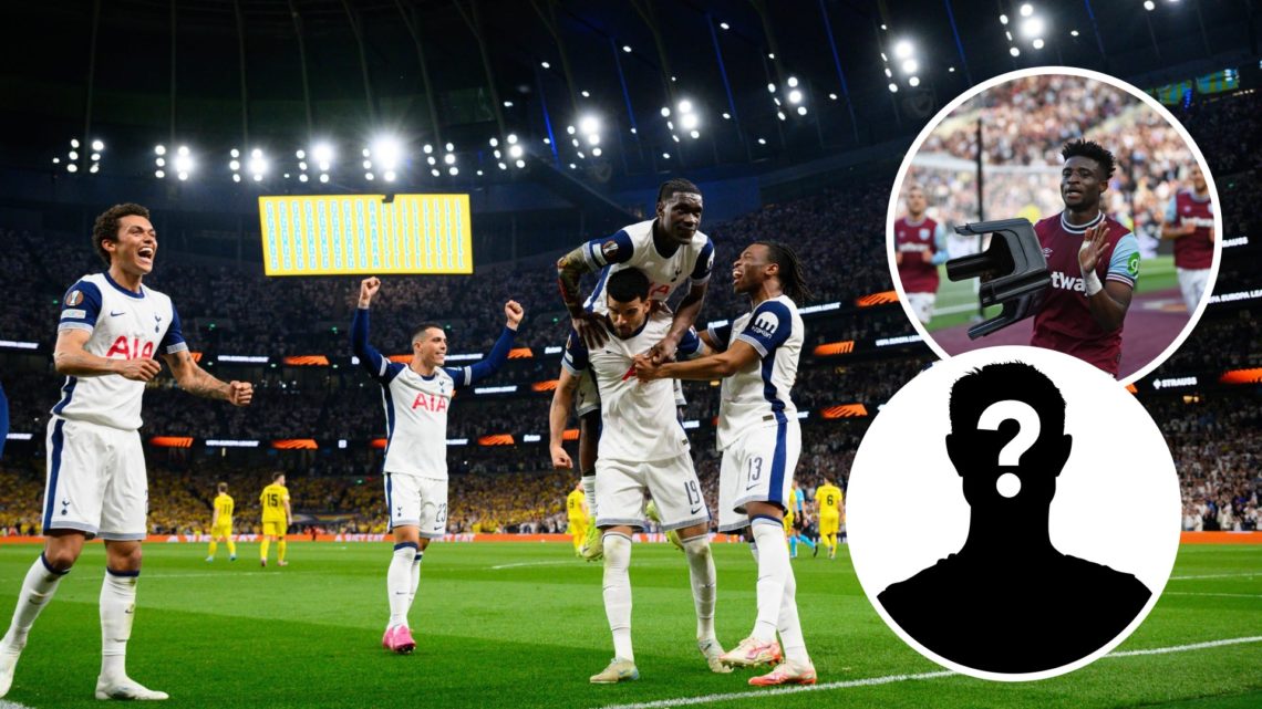 Tottenham Hotspur player Yves Bissouma celebrates after the team score against Bodo/Glimt. Inset of West Ham United attacker Mohammed Kudus and a m...