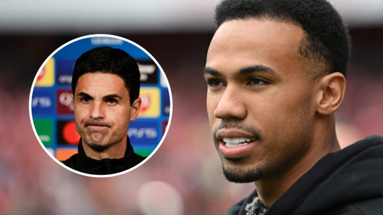 Mikel Arteta looks annoyed in a press conference (left) and Gabriel Magalhaes looks to the left (right)