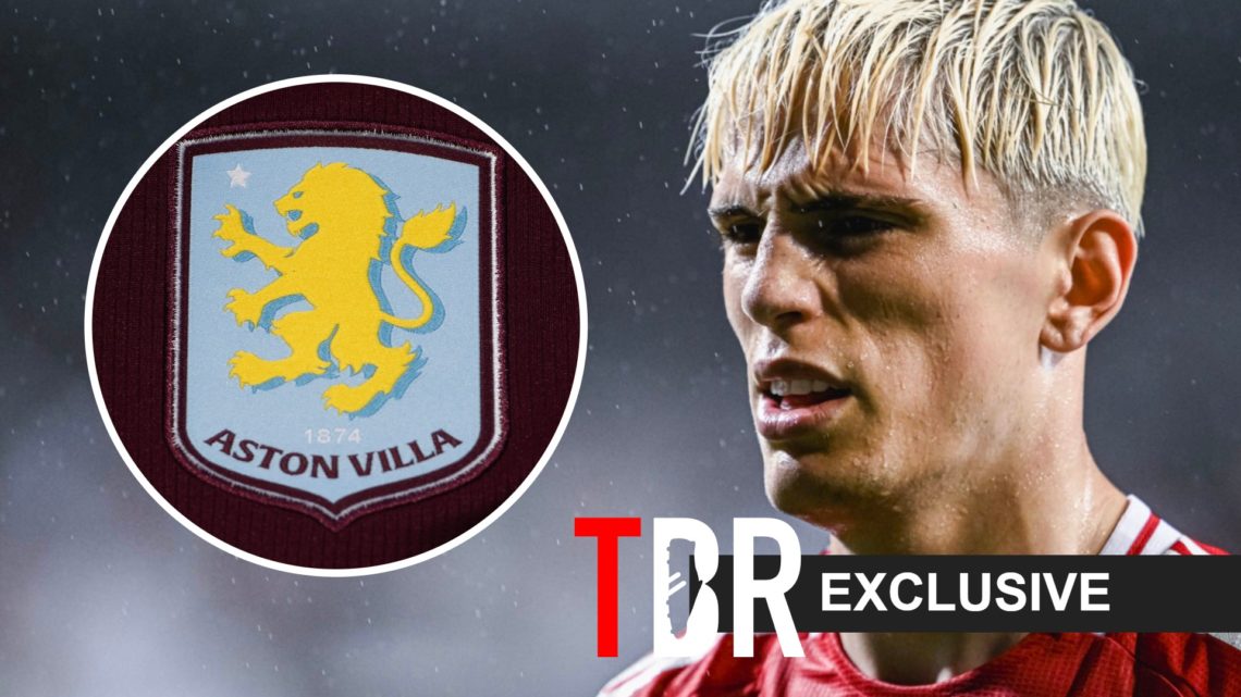 Alejandro Garnacho of Manchester United looks on (right), Aston Villa badge overlay (right)