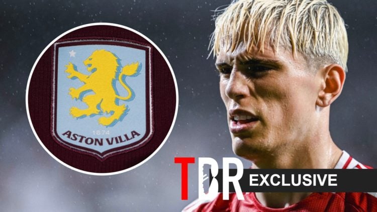 Alejandro Garnacho of Manchester United looks on (right), Aston Villa badge overlay (right)