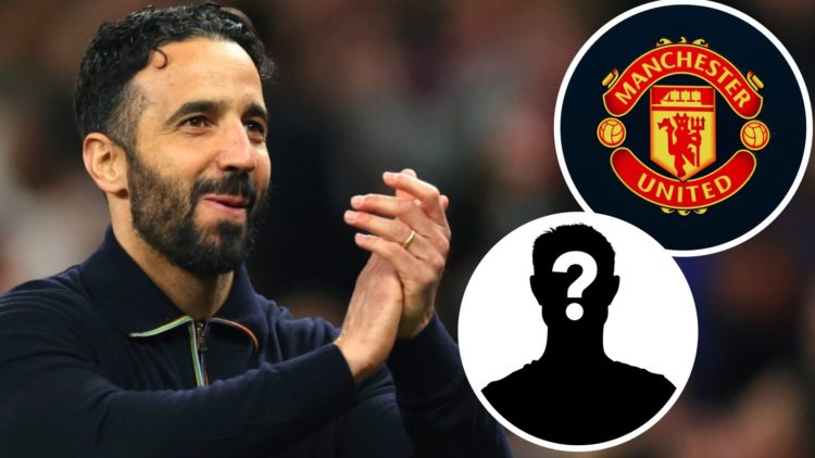 Ruben Amorim looks elated clapping (left) and an a Manchester United badge with a mystery player overlay (right)
