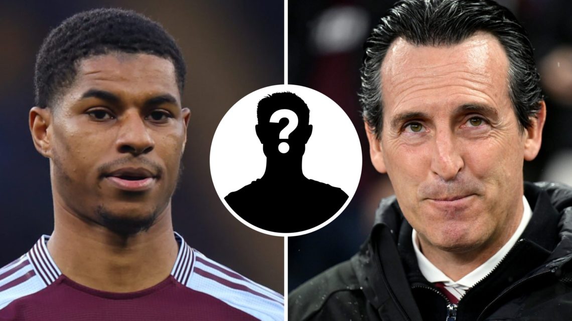 Marcus Rashford of Aston Villa looks on (left), Unai Emery of Aston Villa stares down camera (right)