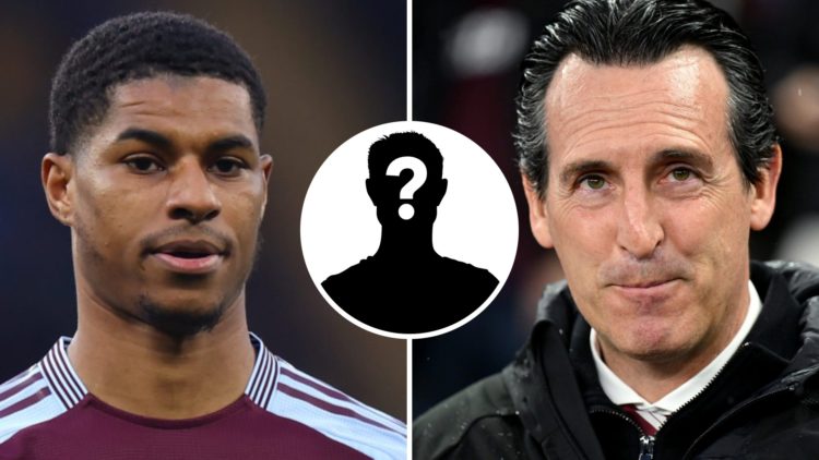 Marcus Rashford of Aston Villa looks on (left), Unai Emery of Aston Villa stares down camera (right)