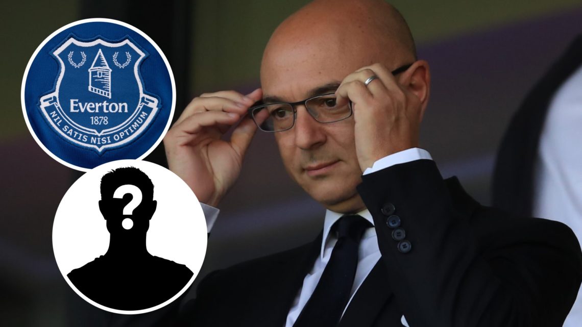 Tottenham Hotspur chairman Daniel Levy ahead of a Premier League match. Inset of Everton badge and a mystery player.
