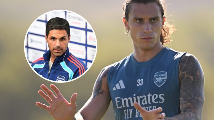 Riccardo Calafiori in Arsenal pre-season training alongside an inset of Mikel Arteta.