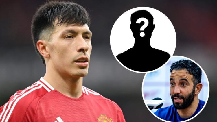 Lisandro Martinez of Manchester United looks on (left) and Ruben Amorim in a press conference (right) with a mystery player inset