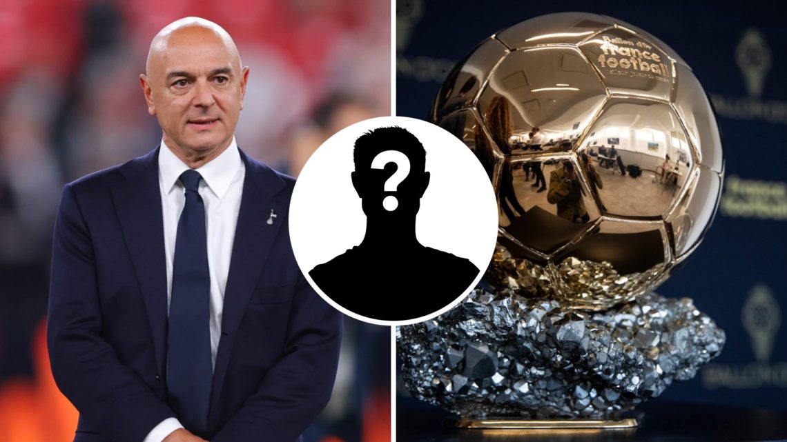 Tottenham Hotspur chairman Daniel Levy (left) after the Europa League final and the Ballon d'Or trophy (right). Inset of a mystery player.