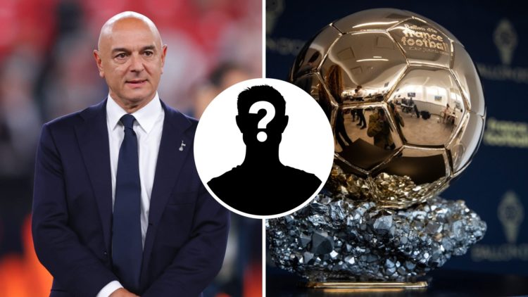 Tottenham Hotspur chairman Daniel Levy (left) after the Europa League final and the Ballon d'Or trophy (right). Inset of a mystery player.