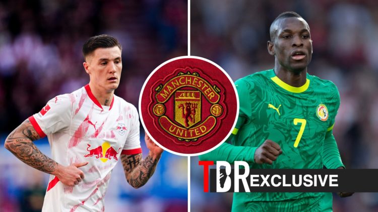 Split image of Benjamin Sesko and Nicolas Jackson, Manchester United badge, TBR logo and exclusive tag inset