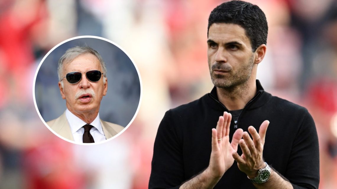 Arsenal boss Mikel Arteta alongside an inset of Stan Kroenke.