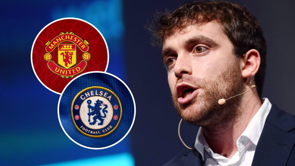 Fabrizio Romano (right) looks on, Chelsea and Manchester United badge overlays (left)