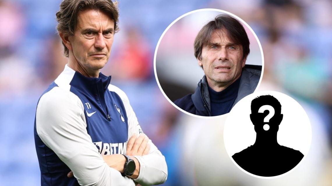 Tottenham boss Thomas Frank looks on with an inset of former boss Antonio Conte.