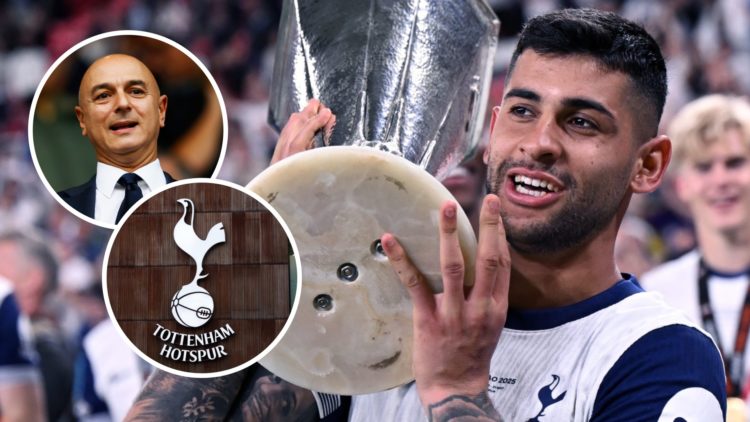 Tottenham Hotspur defender Cristian Romero with the Europa League trophy. Inset of Spurs chairman Daniel Levy and Tottenham badge.
