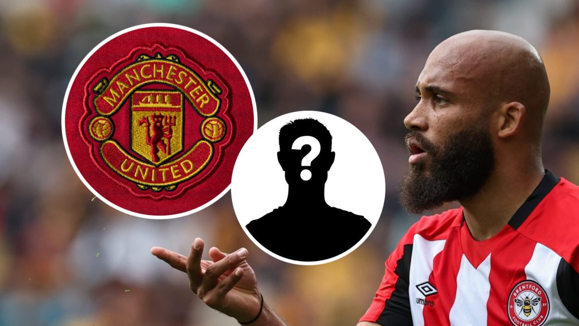 Bryan Mbeumo in action for Brentford, Manchester United badge and mystery figure inset