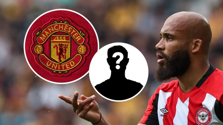Bryan Mbeumo in action for Brentford, Manchester United badge and mystery figure inset