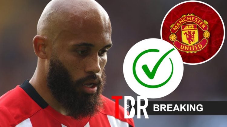 Bryan Mbeum of Brentford looks on (left), Manchester United badge with green tick overlays (right)