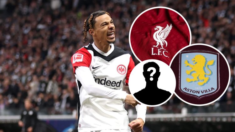 Image of Hugo Ekitike celebrating a goal, Liverpool badge, Aston Villa badge and mystery figure inset