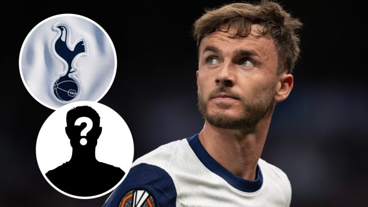 Tottenham Hotspur midfielder James Maddison during Europa League match. Inset of a mystery player and Spurs badge.