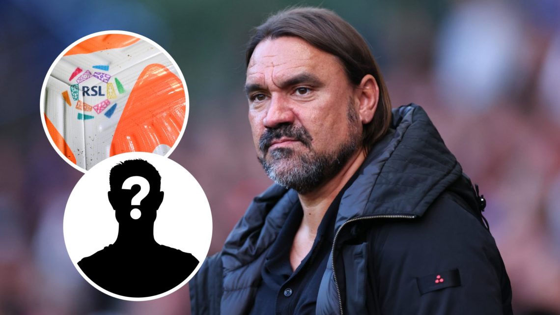 Leeds United manager Daniel Farke ahead of Championship match. Inset of Saudi Pro League ball and a mystery player.