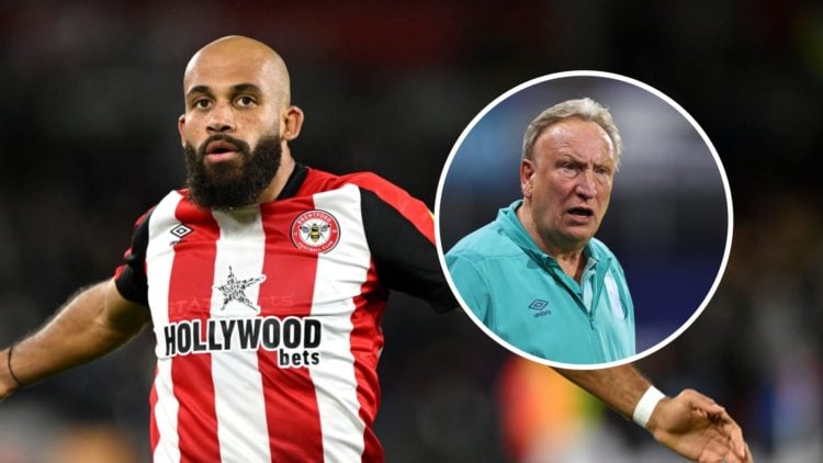 Bryan Mbeumo playing for Brentford alongside an inset of Neil Warnock.