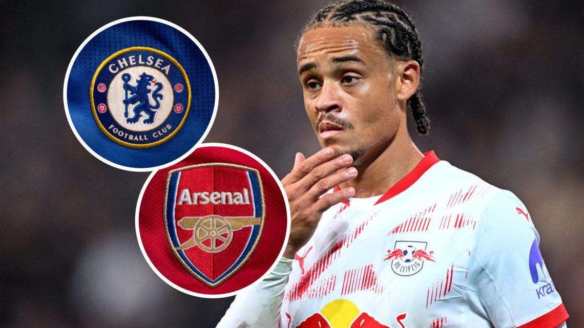 Xavi Simons in action for RB Leipzig, Arsenal badge and Chelsea badge inset