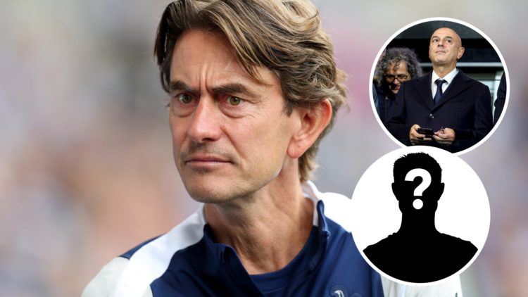 Tottenham Hotspur manager Thomas Frank before friendly against Reading. Inset of Spurs chairman Daniel Levy and a mystery player.